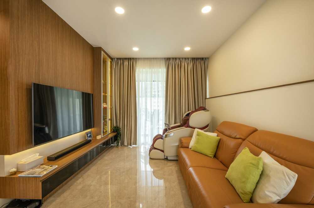 Asian Living Room with Marble Floor and TV Console