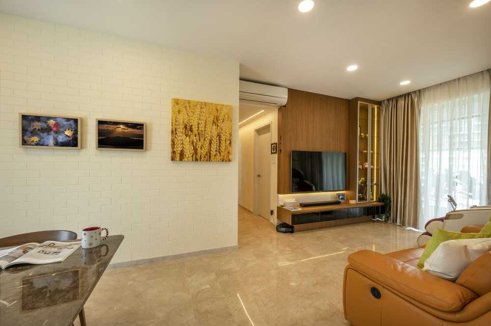 Asian Living Room with Marble Floor and Feature Wall