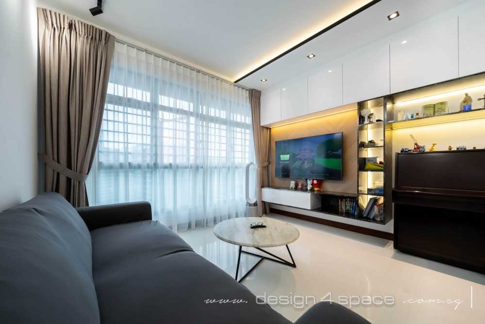 Contemporary Living Room with Homogeneous Tiles and TV Console