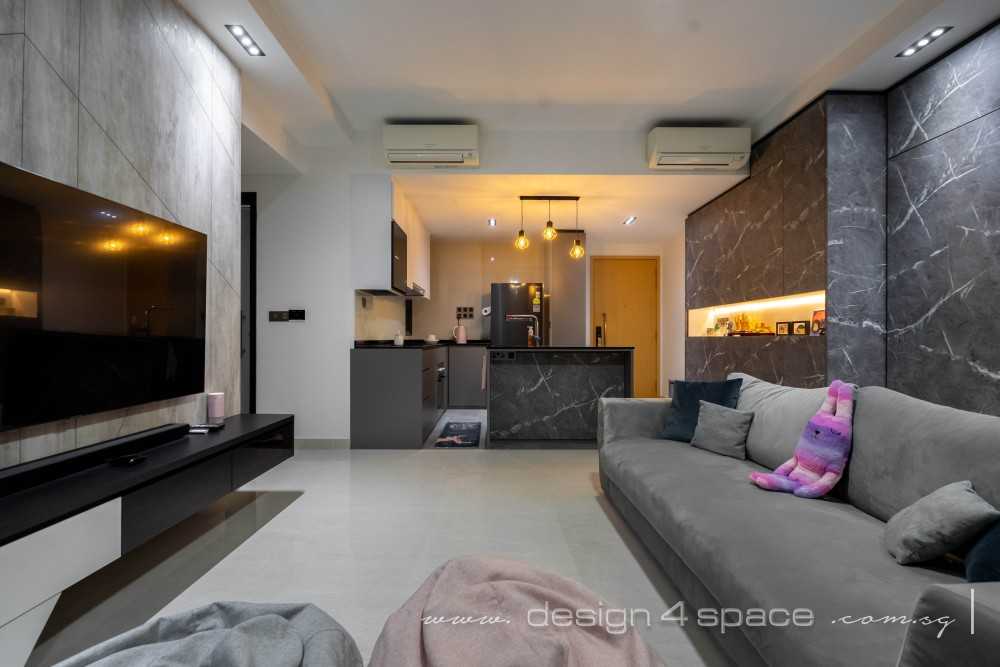 Contemporary Living Room with Homogeneous Tiles and TV Console