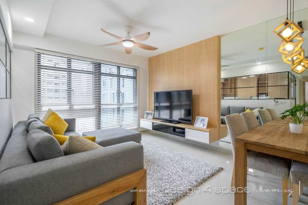 Scandinavian Living Room with Homogeneous Tiles and TV Console