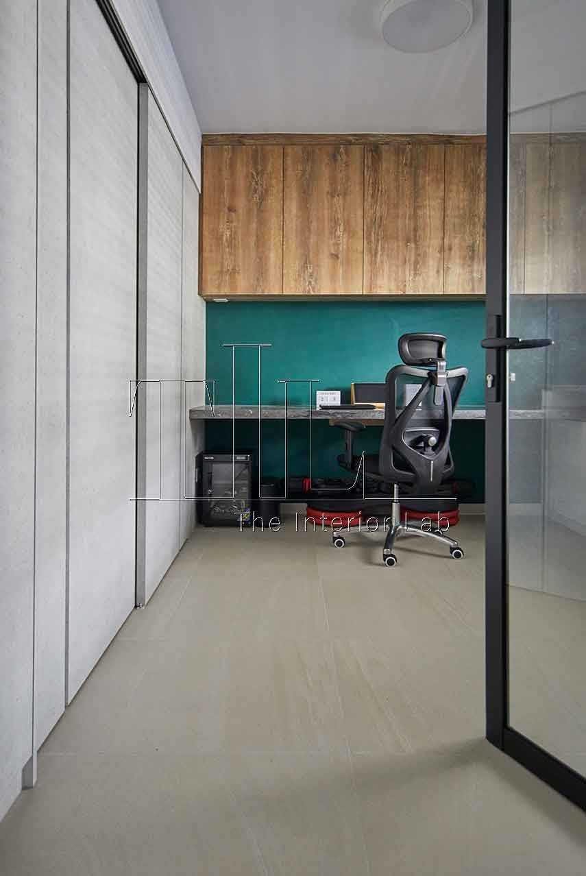 Contemporary Home Office with Feature Wall and Storage Cabinets