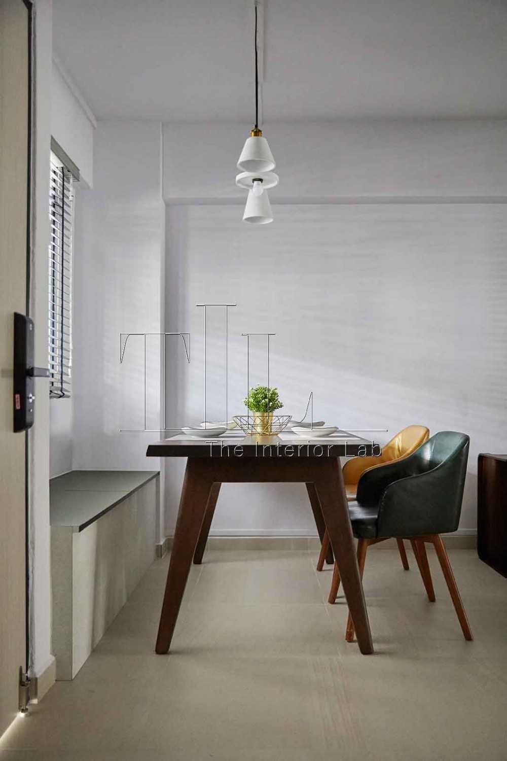 Contemporary Dining Room with Homogeneous Tiles and Window Shutters