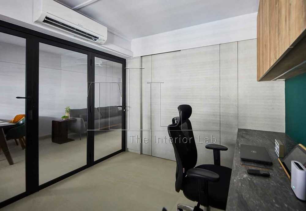 Contemporary Home Office with Homogeneous Tiles and Storage Cabinets