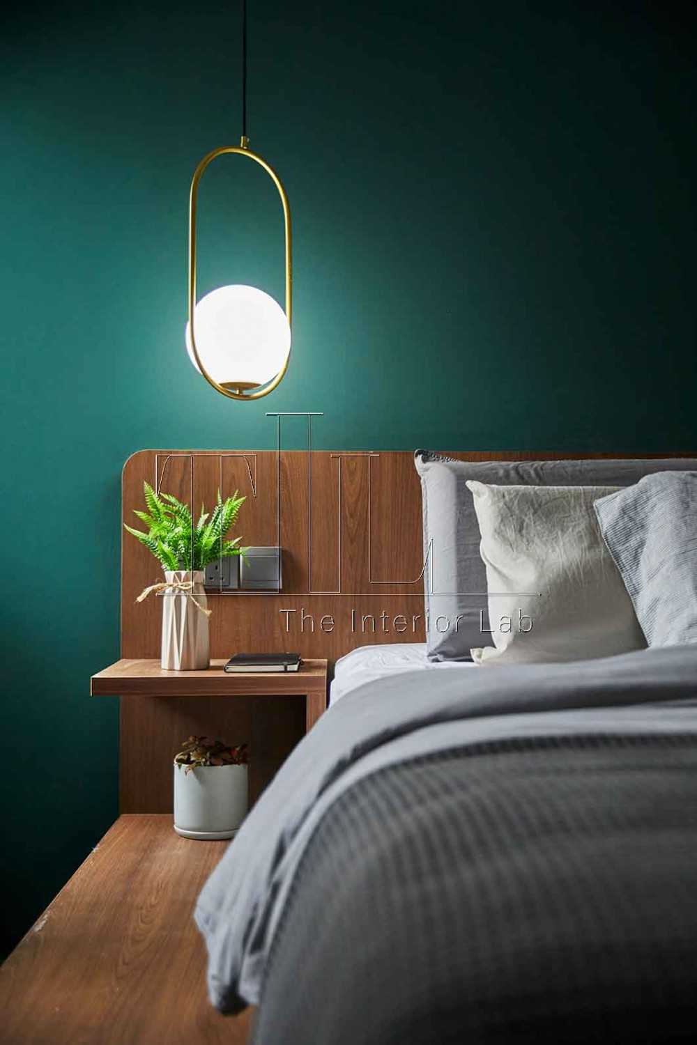 Contemporary Bedroom with Feature Wall and Drop Light