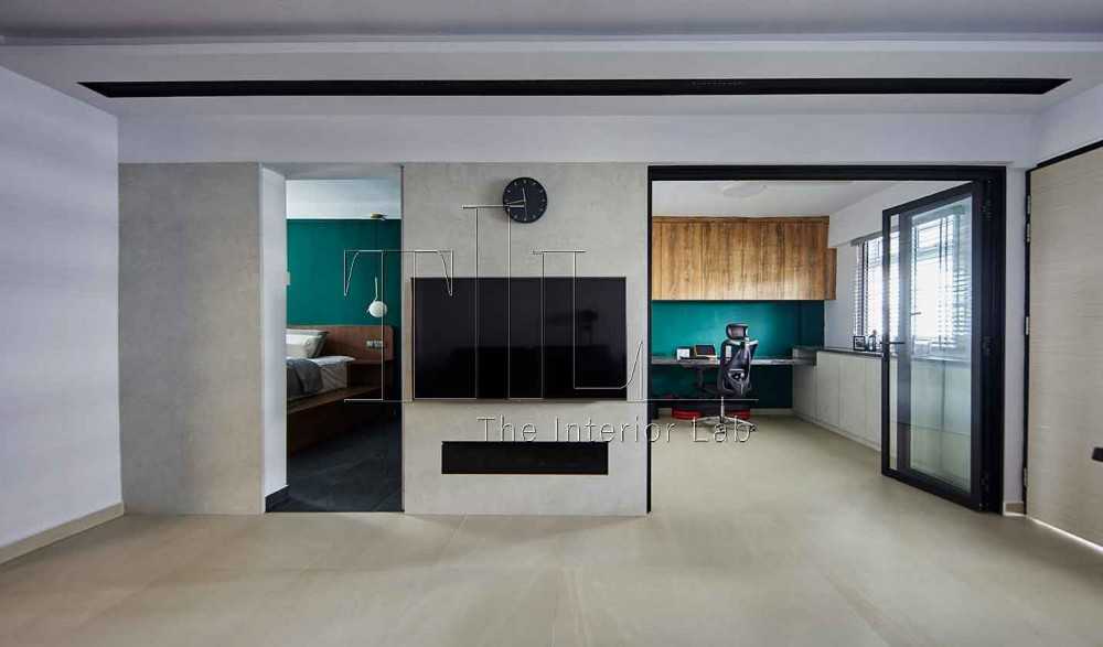 Contemporary Living Room with Homogeneous Tiles and TV Console