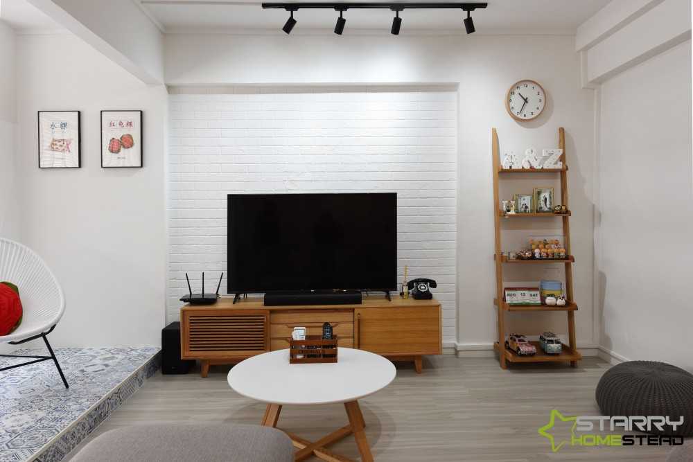 Scandinavian Living Room with TV Console and Feature Wall