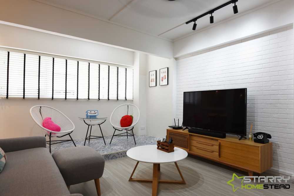Scandinavian Living Room with TV Console and Feature Wall