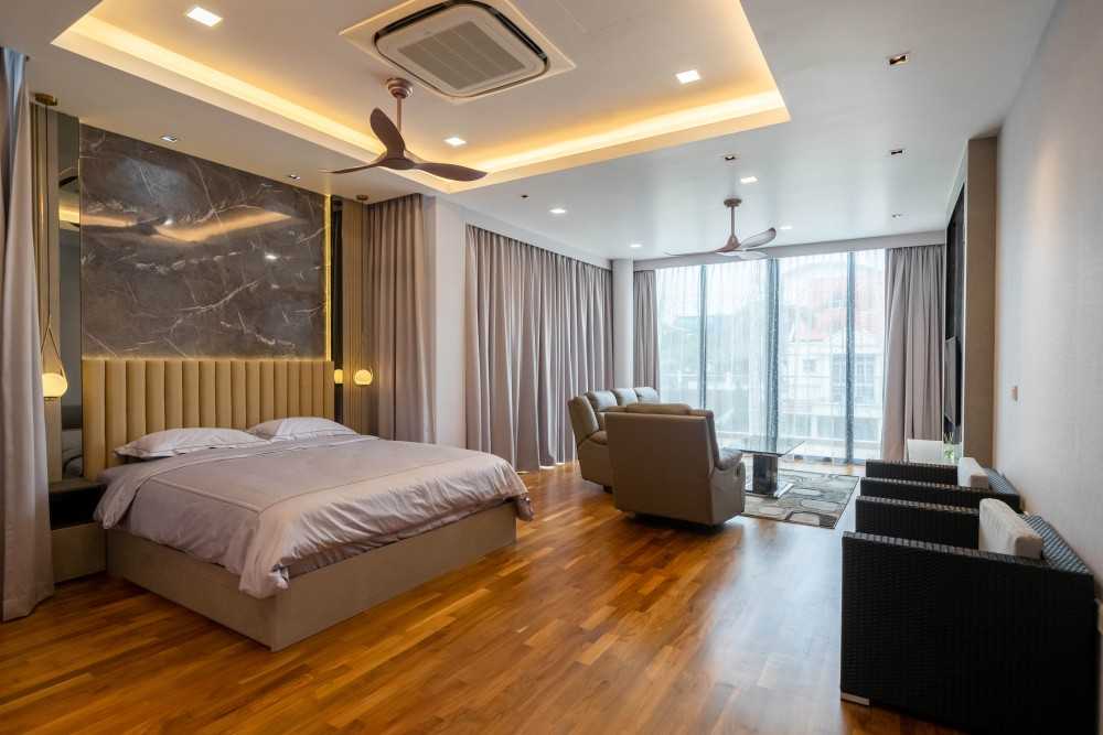 Modern Bedroom with TV Console and Feature Wall