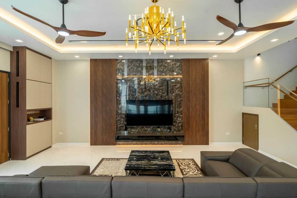 Modern Living Room with Homogeneous Tiles and TV Console