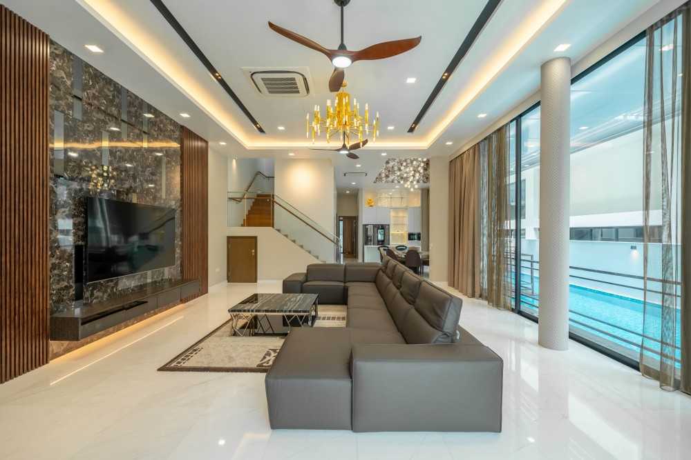 Modern Living Room with TV Console and Mirror