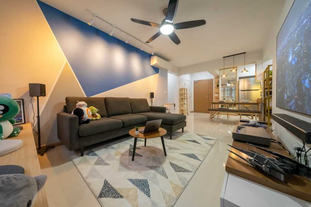 Scandinavian Living Room with Homogeneous Tiles and Sofa