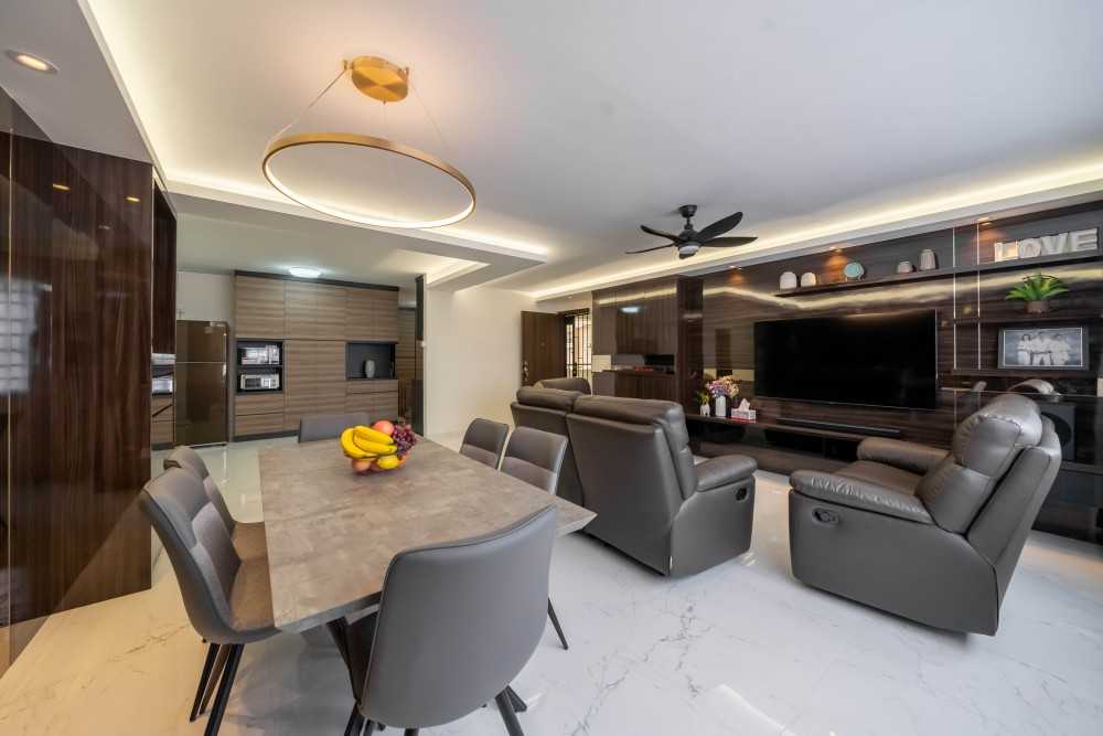 Contemporary Living Room with Homogeneous Tiles and TV Console