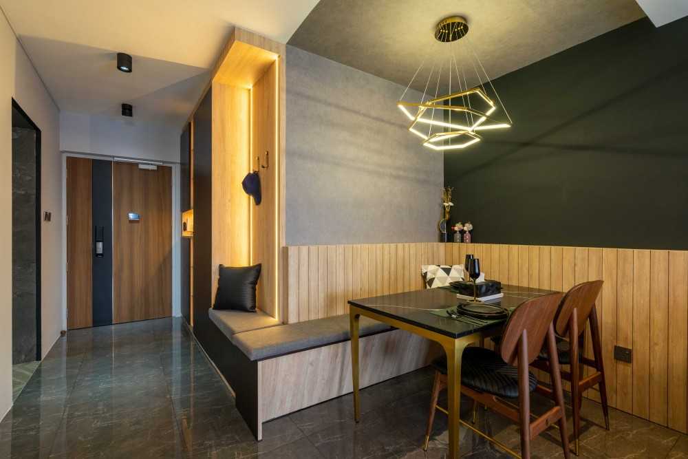 Industrial Dining Room with Drop Ceiling and Dining Table