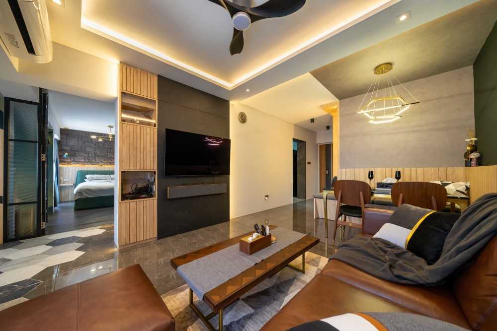 Industrial Living Room with Feature Wall and Drop Ceiling