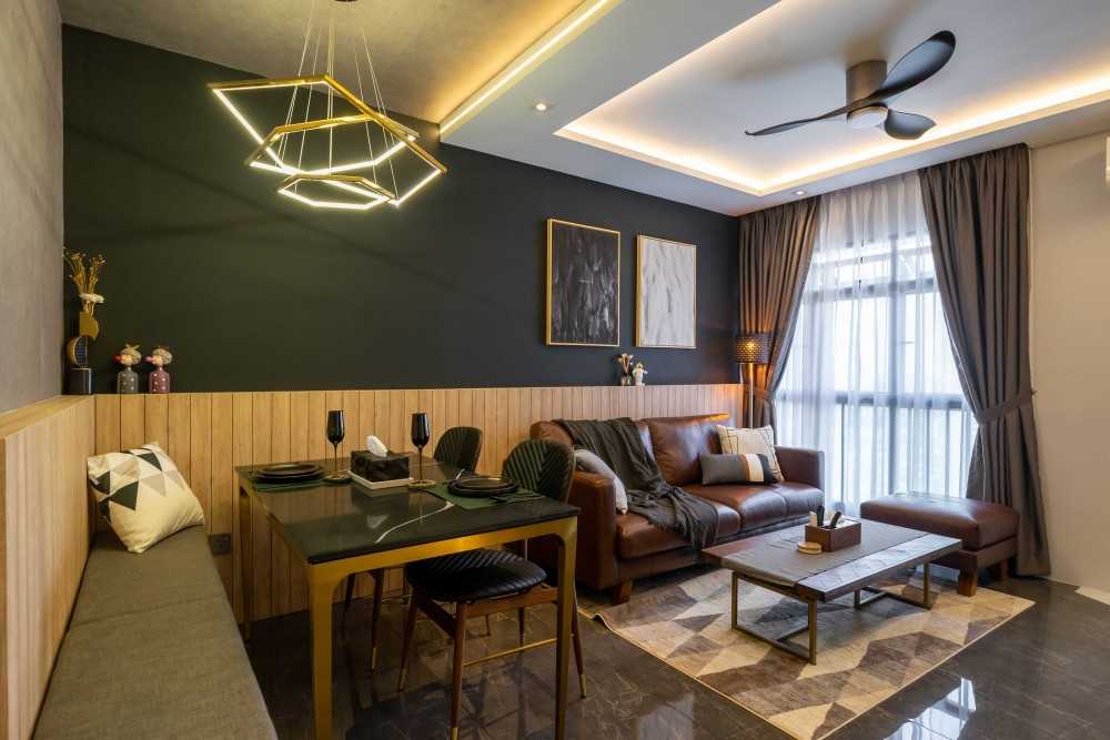 Industrial Living Room with Wood Flooring and Feature Wall