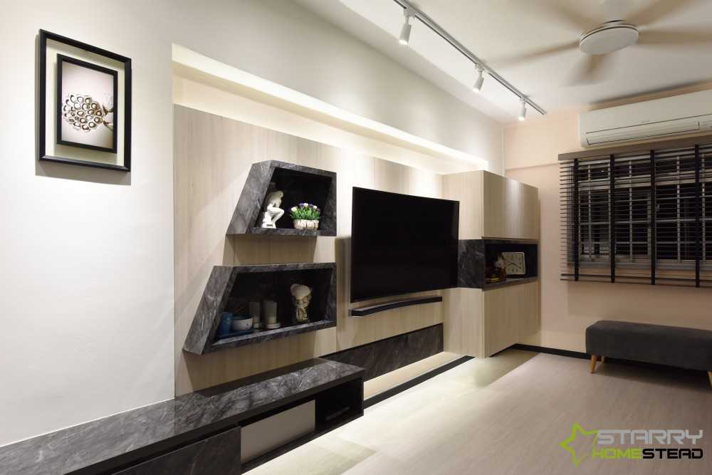 Scandinavian Living Room with Feature Wall and Storage Cabinets