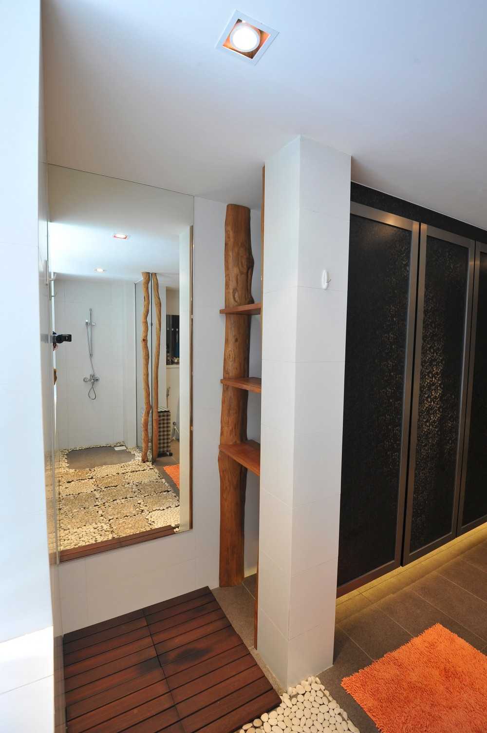 Minimalist Bathroom with Countertop and Herringbone Tiling