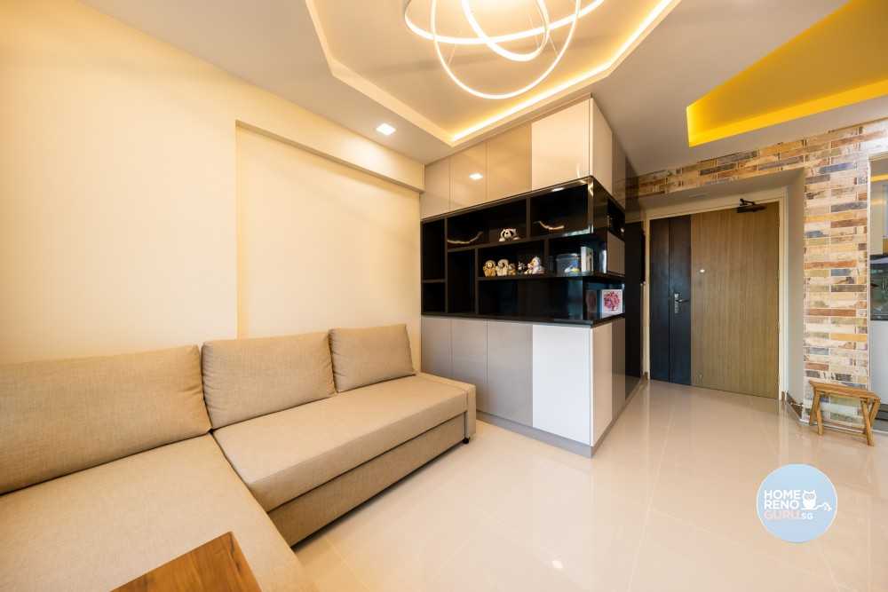 Modern Living Room with Bookshelf and Feature Wall