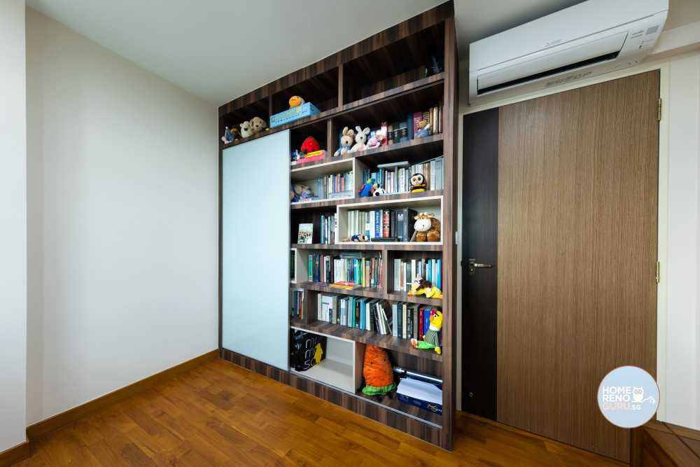 Modern Bedroom with Bookshelf and Parquet Floor