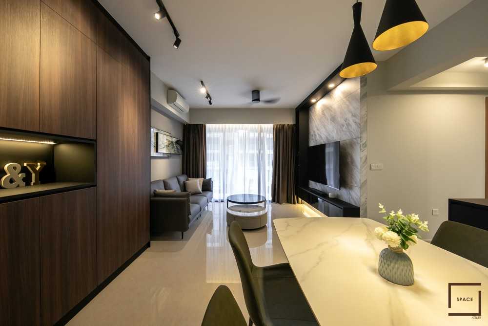 Contemporary Living Room with Homogeneous Tiles and TV Console