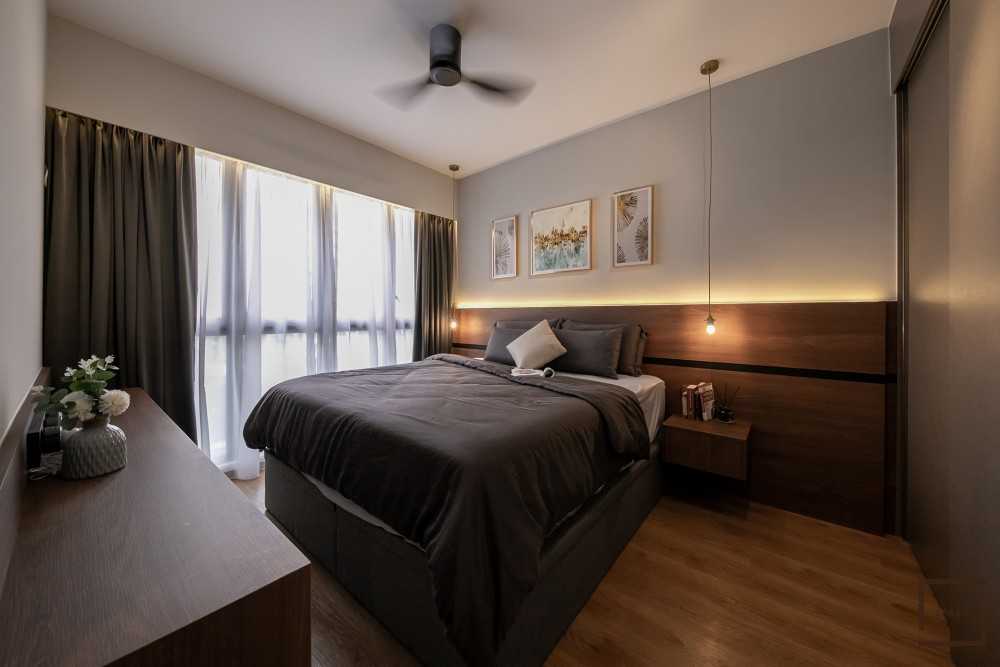 Contemporary Bedroom with Vinyl Flooring and Drop Light