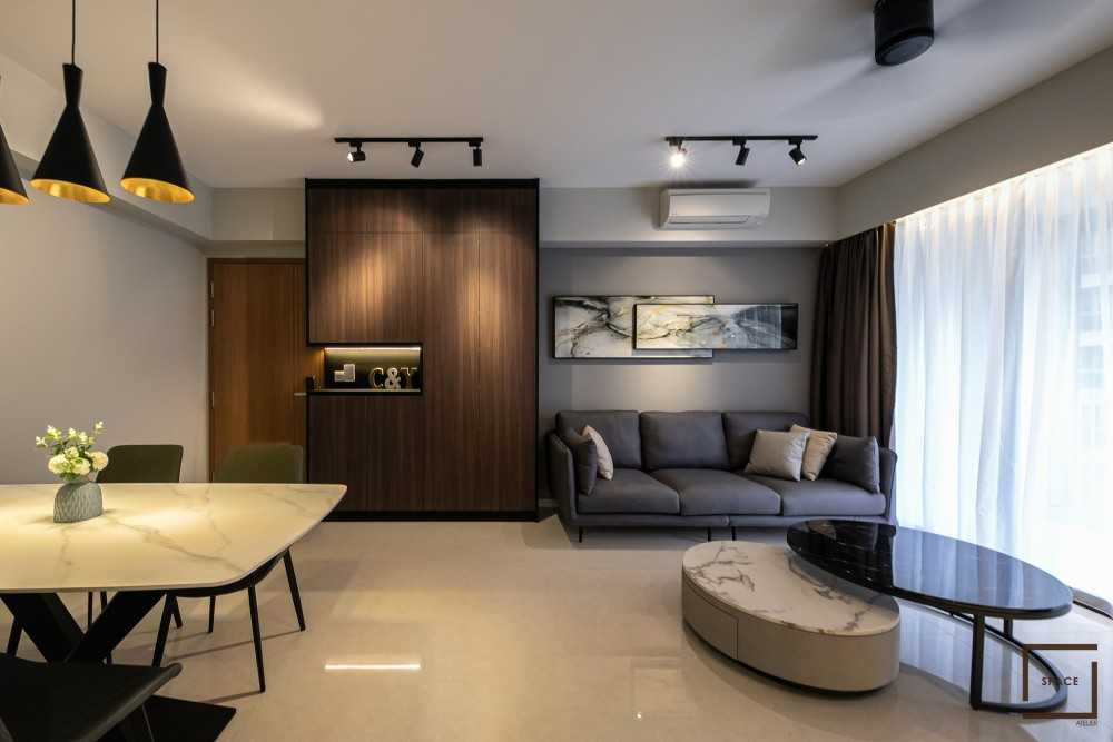 Contemporary Living Room with TV Console and Drop Light