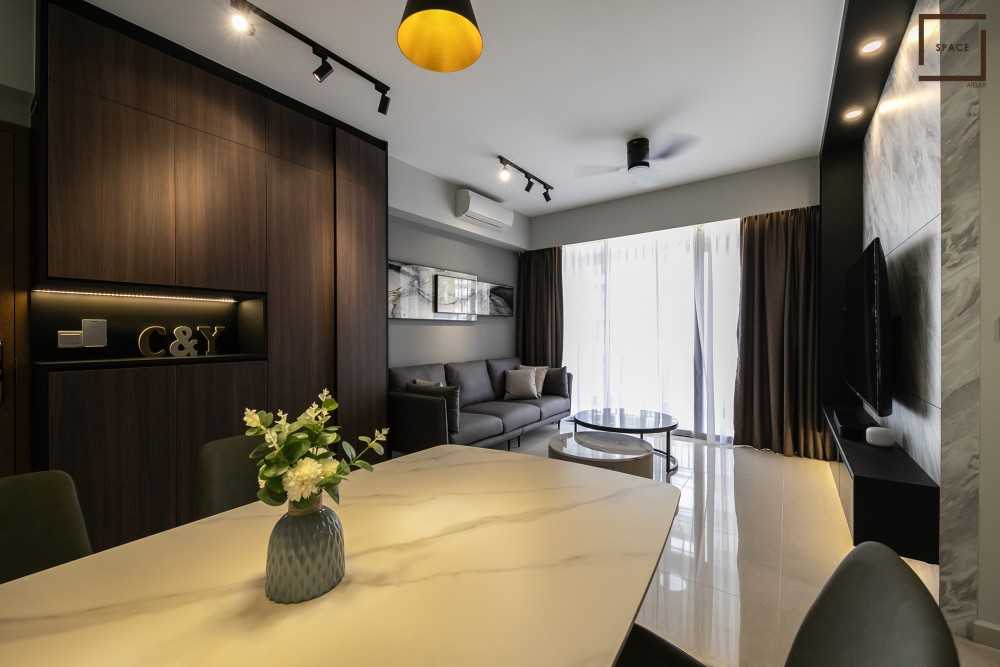 Contemporary Living Room with Homogeneous Tiles and Ceiling Light