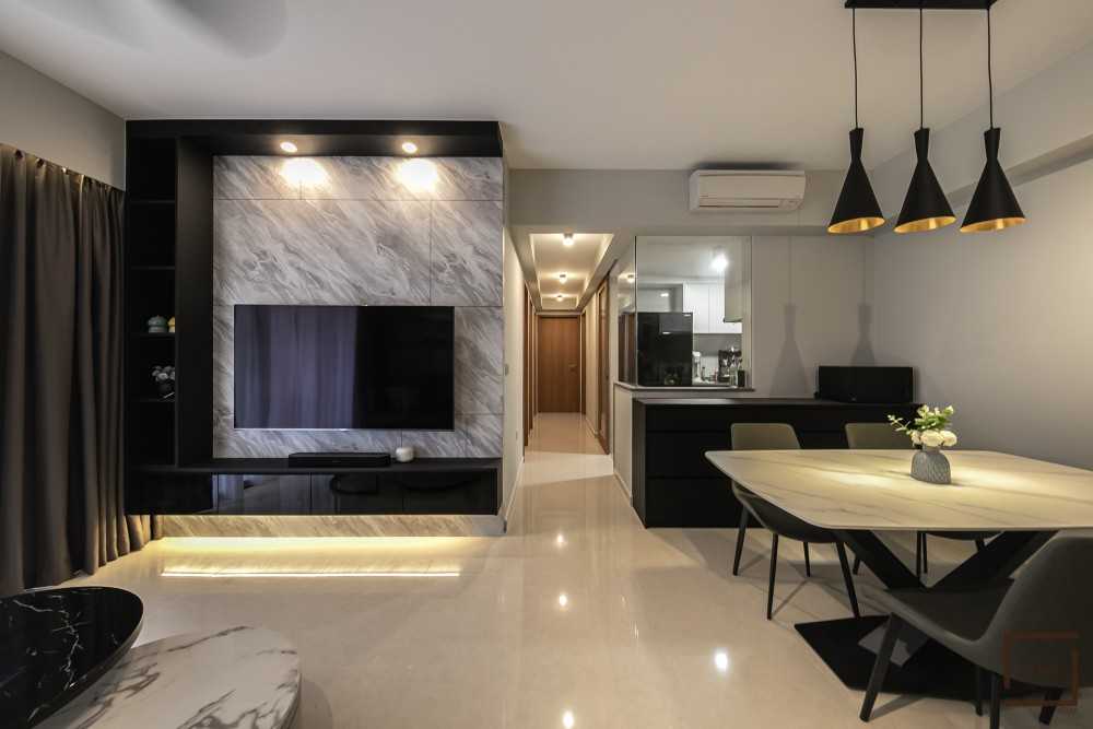 Contemporary Living Room with Homogeneous Tiles and TV Console
