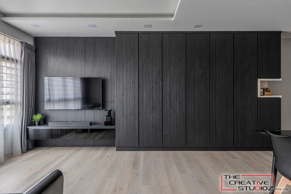 Scandinavian Living Room with TV Console and Feature Wall