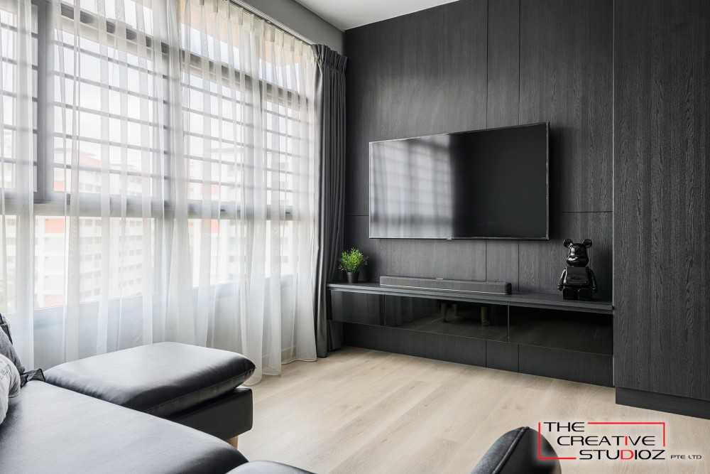 Scandinavian Living Room with Wood Flooring and TV Console