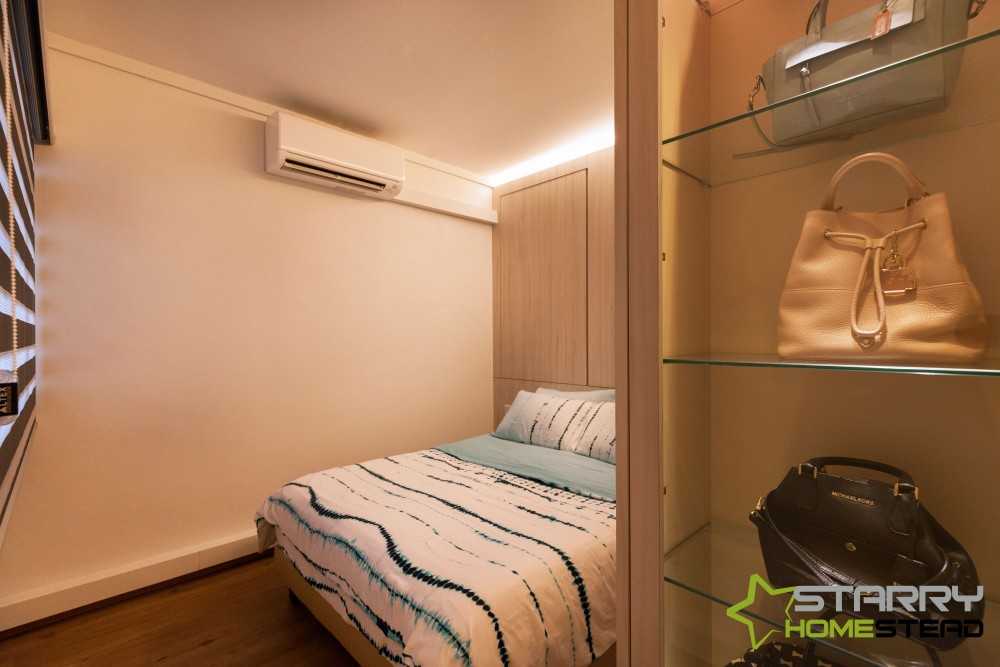 Scandinavian Bedroom with Display Cabinets and Bed