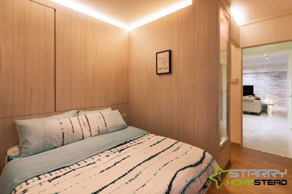 Scandinavian Bedroom with Display Cabinets and Bed