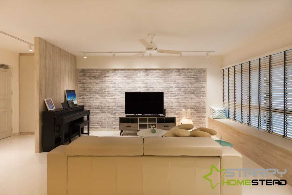 Scandinavian Living Room with TV Console and Bay Window