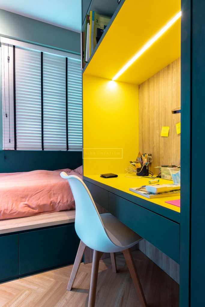 Contemporary Bedroom with Bookshelf and Platform Bed