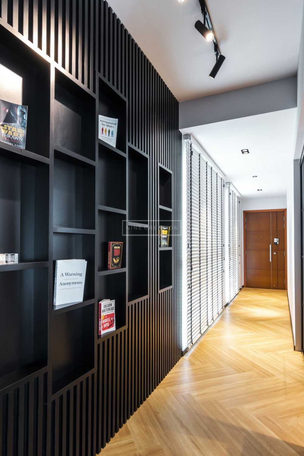 Contemporary Entryway with Bookshelf and Vinyl Flooring