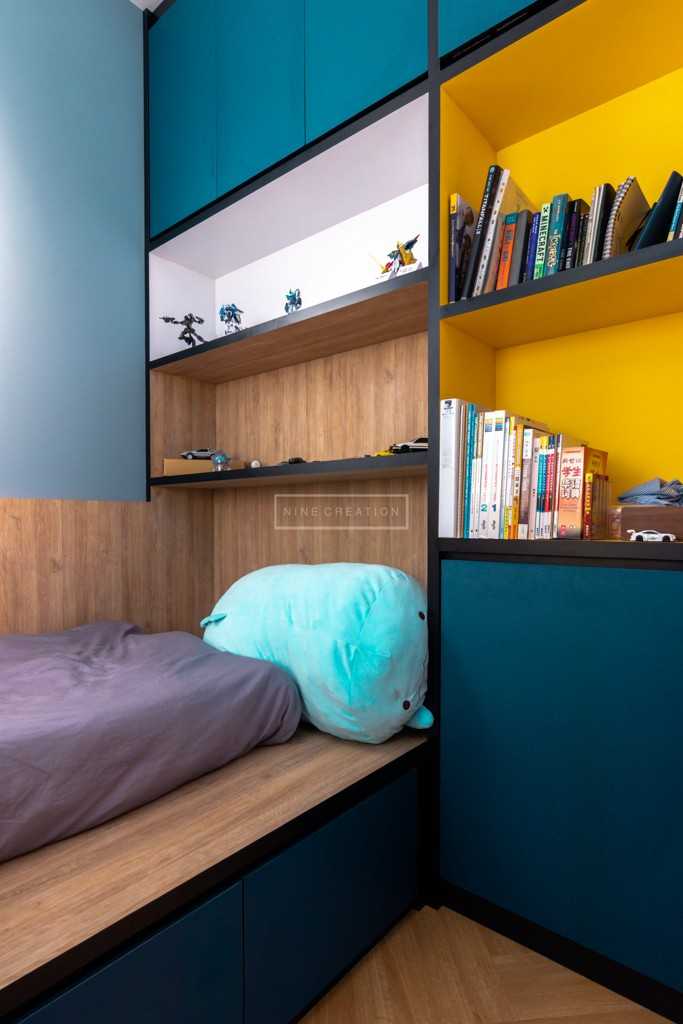 Contemporary Kids Room with Bookshelf and Platform Bed