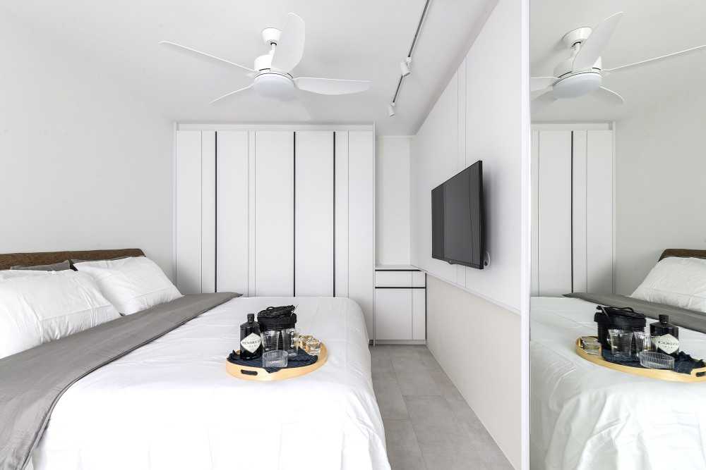 Minimalist Bedroom with Marble Floor and Drop Ceiling