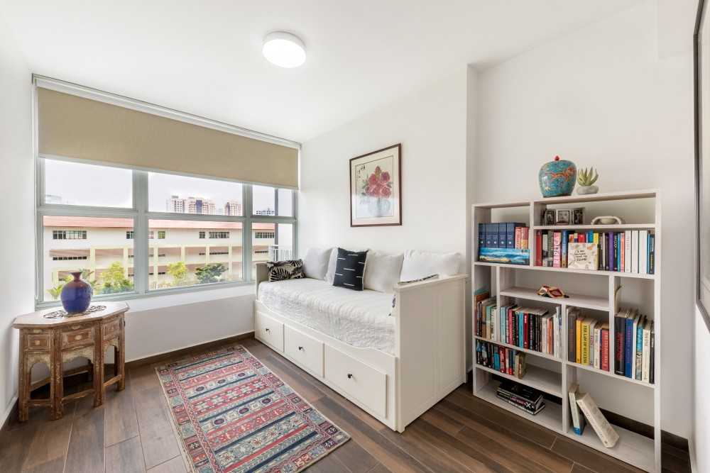Scandinavian Study with Bookshelf and Ceiling Light