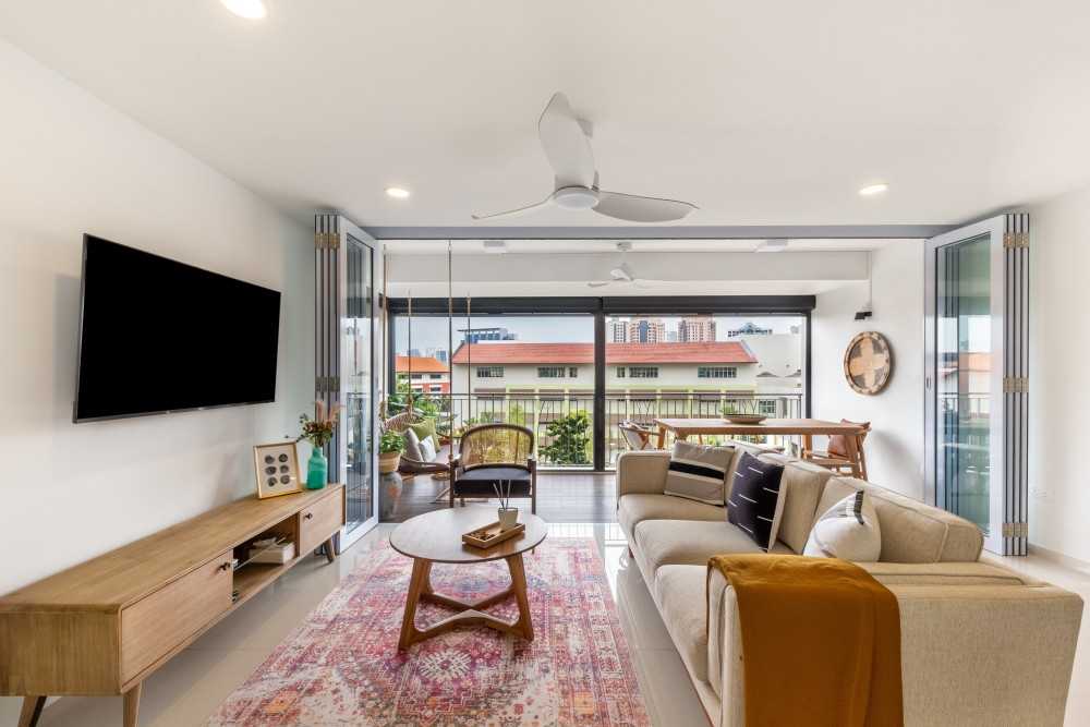 Scandinavian Living Room with Marble Floor and Sofa