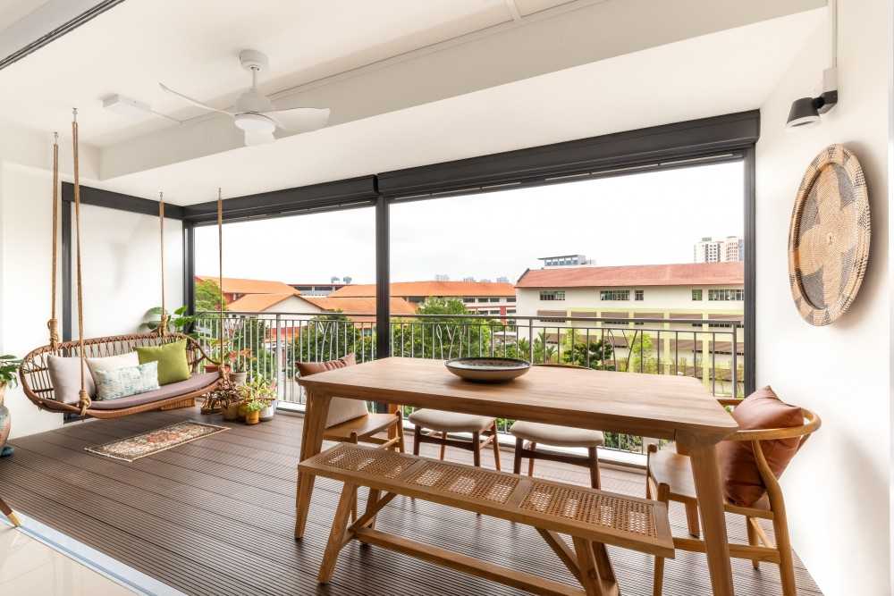 Scandinavian Balcony with Bay Window and Outdoor Table