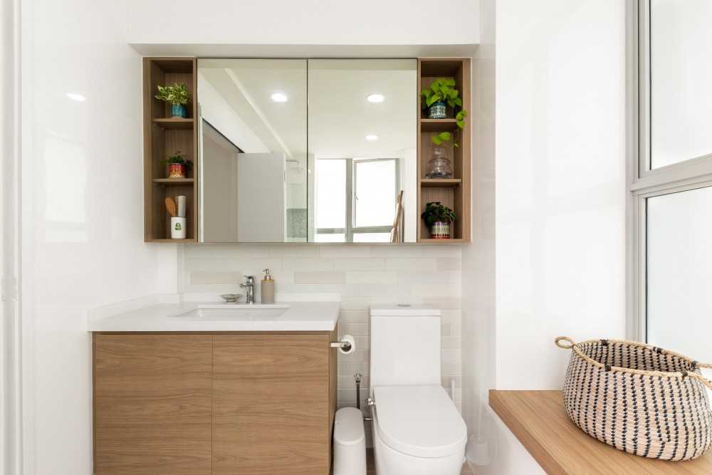 Scandinavian Bathroom with Countertop and Mirror