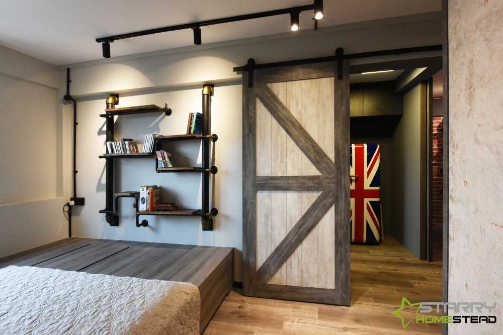 Industrial Bedroom with Bookshelf and Platform Bed