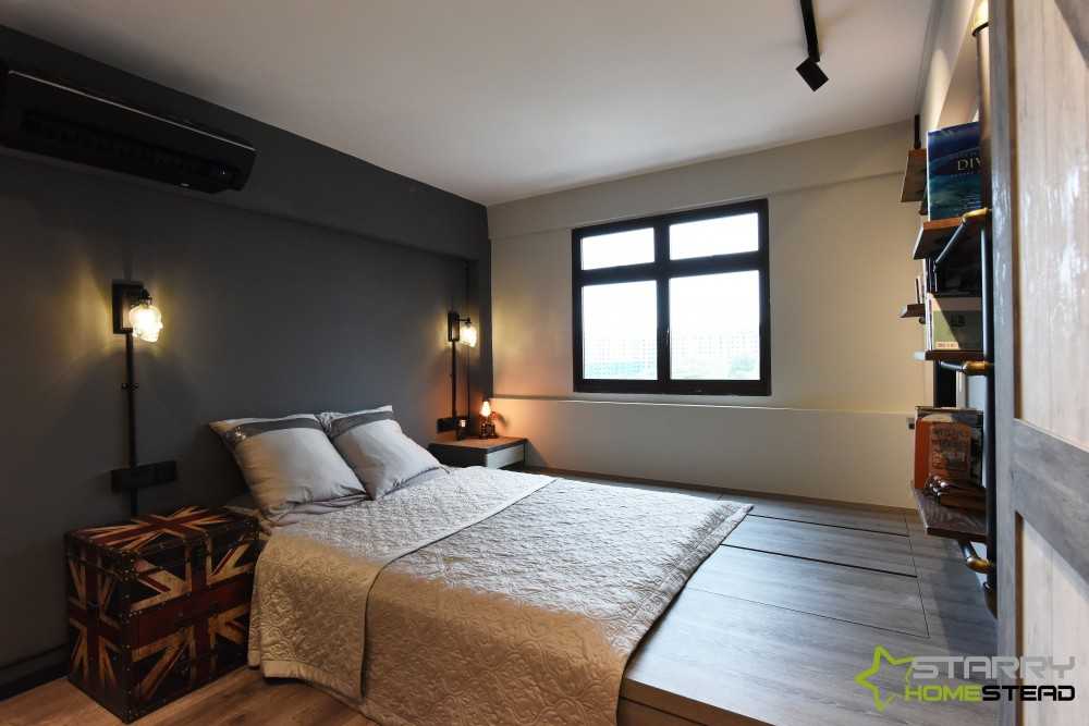 Industrial Bedroom with Platform Bed and Wall Shelves
