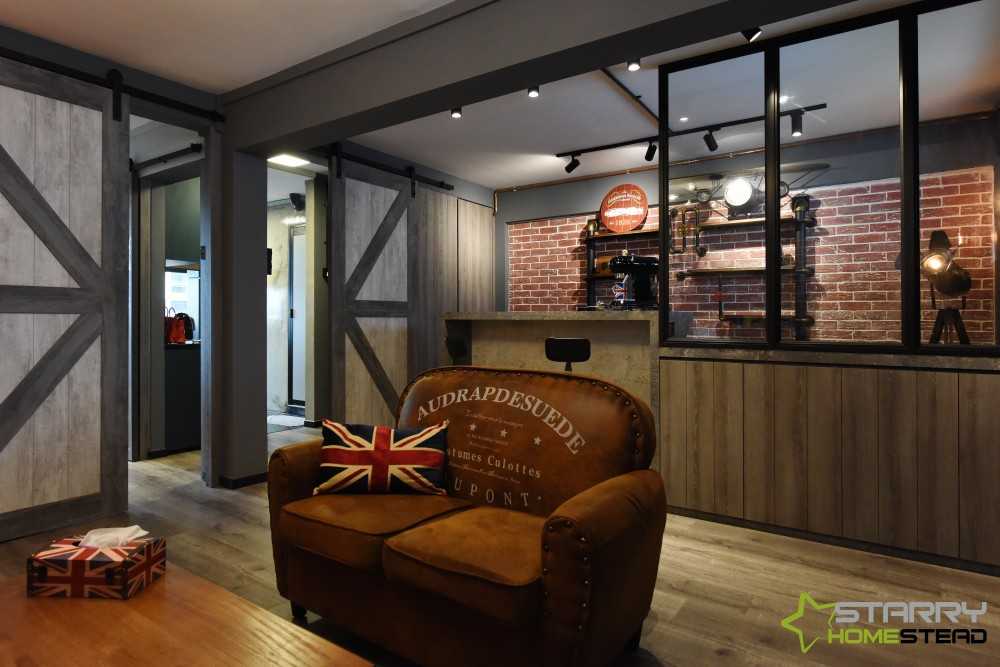 Industrial Living Room with Open Kitchen and Bar Counter