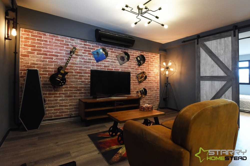 Industrial Living Room with TV Console and Feature Wall