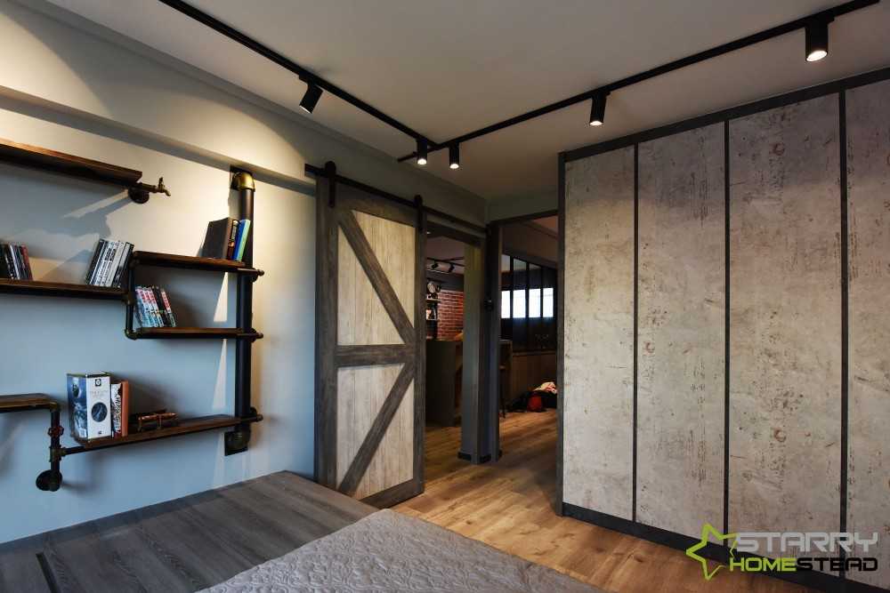 Industrial Bedroom with Platform Bed and Wardrobe