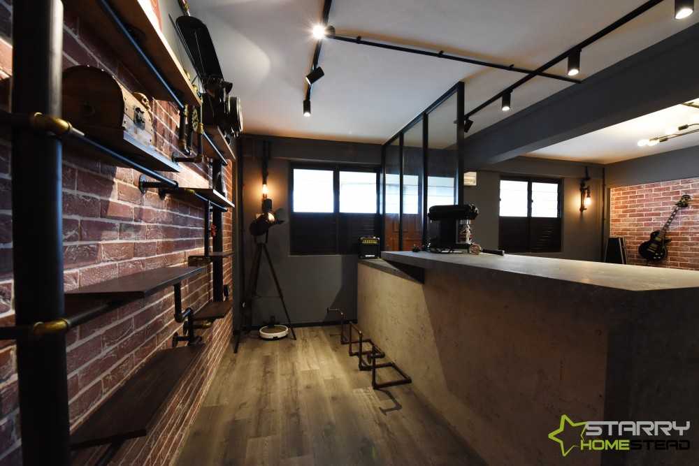 Industrial Kitchen with Kitchen Island and Wall Shelves