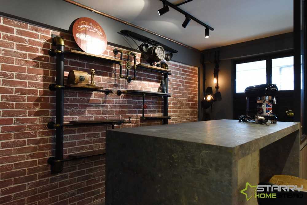 Industrial Kitchen with Kitchen Island and Wall Shelves