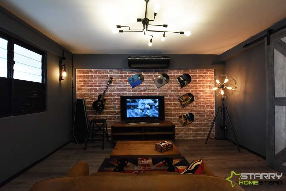 Industrial Living Room with TV Console and Feature Wall